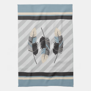 Linge De Cuisine Plumes en crème, gris et bleu
