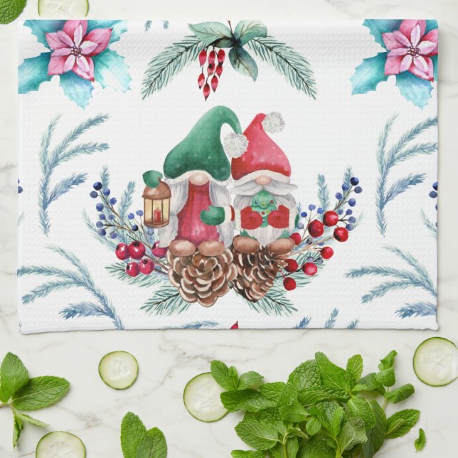 Linge De Cuisine Poinsettia et Gnomes (Plié)