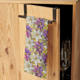 Linge De Cuisine Poinsettias de Noël blanc or violet rose