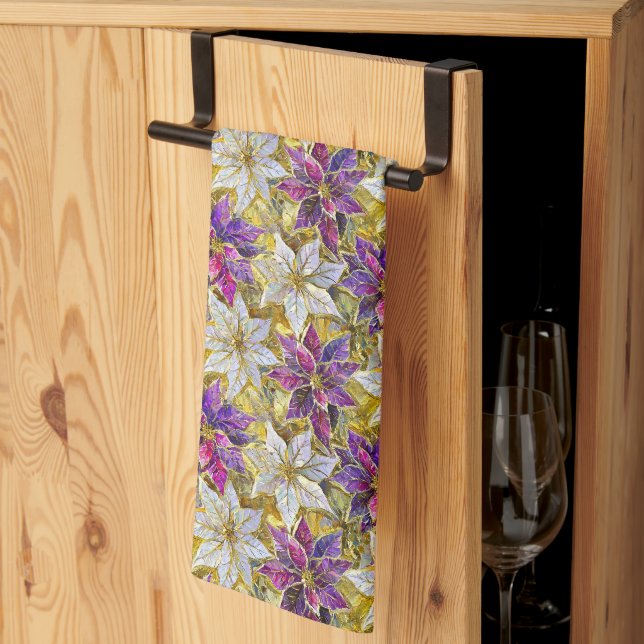 Linge De Cuisine Poinsettias de Noël blanc or violet rose (Pliage en tiers)