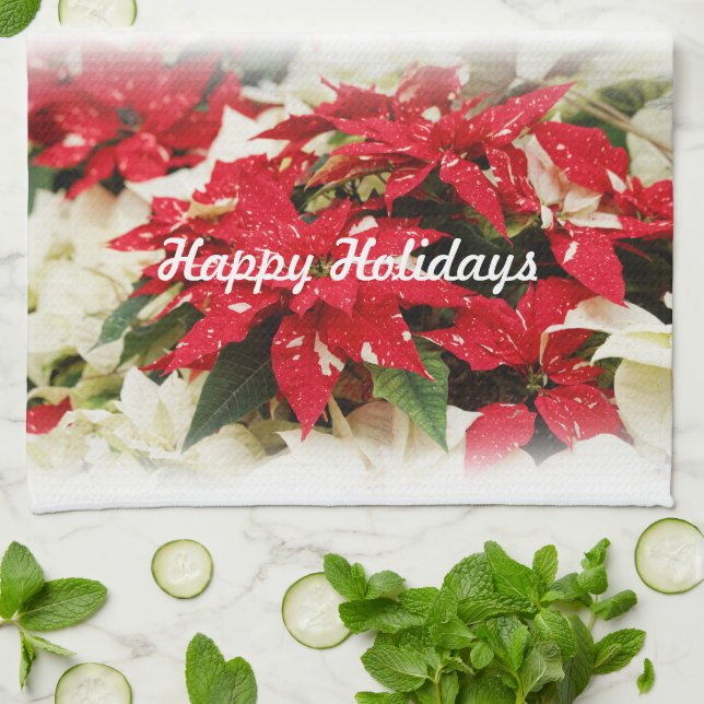 Linge De Cuisine Poinsettias Festive Rouge Blanc Floral (Plié)