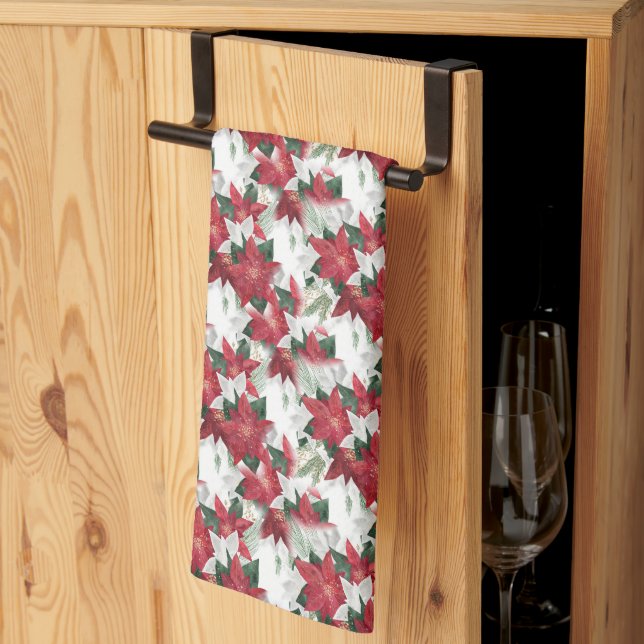 Linge De Cuisine Poinsettias rouges et blancs (Pliage en tiers)