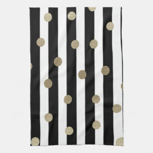 Linge De Cuisine Point et bande noirs, blancs et dorés