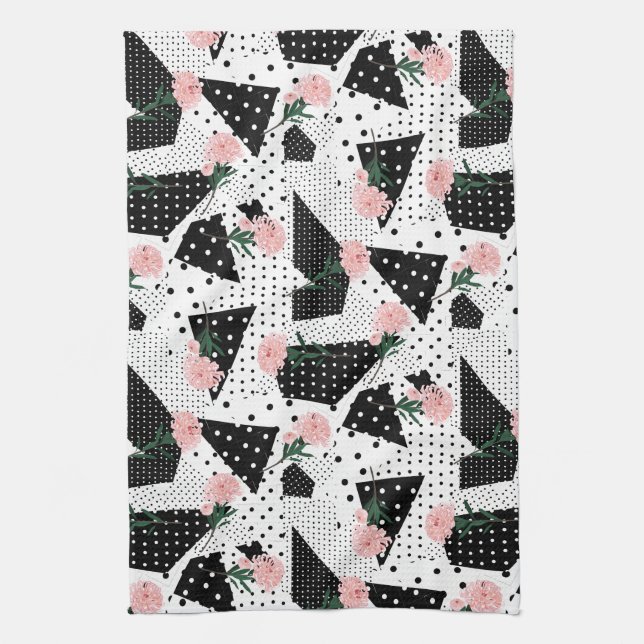 Linge De Cuisine Points Abstraits modernes et fleurs roses (Vertical)
