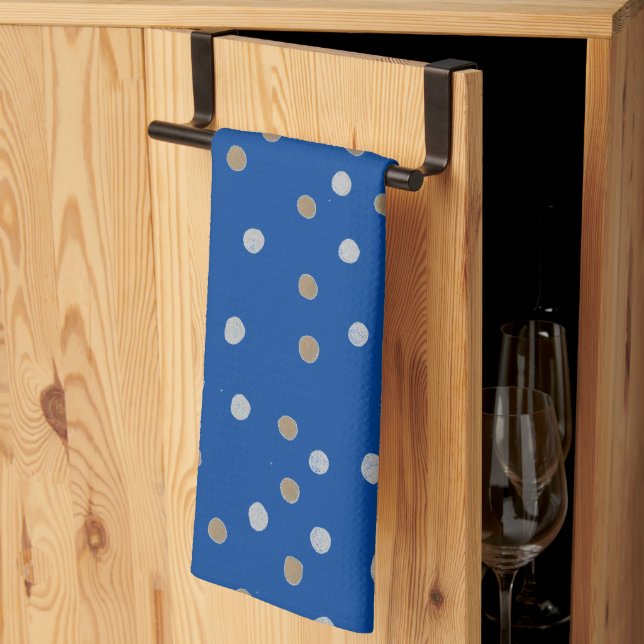 Linge De Cuisine Pois d'argent et d'or sur bleu (Pliage en tiers)