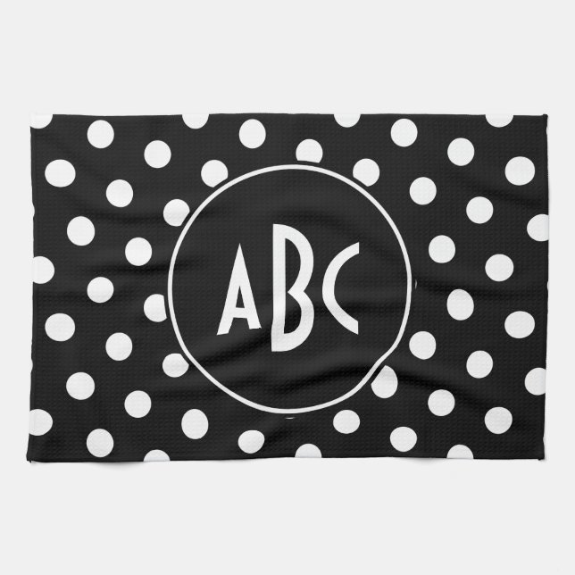 Linge De Cuisine Pois noirs et blancs monogrammes (Horizontal)