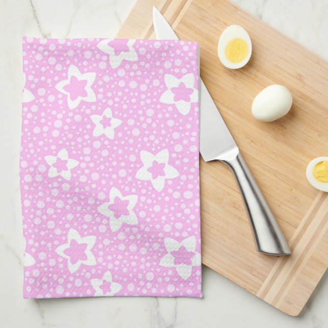 Linge De Cuisine Pois rétro rose chaud avec motif floral (Quart Plié)