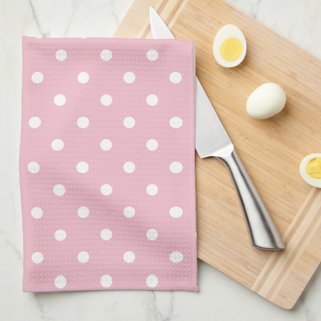 Linge De Cuisine Pois rose pâle et blanc (Quart Plié)