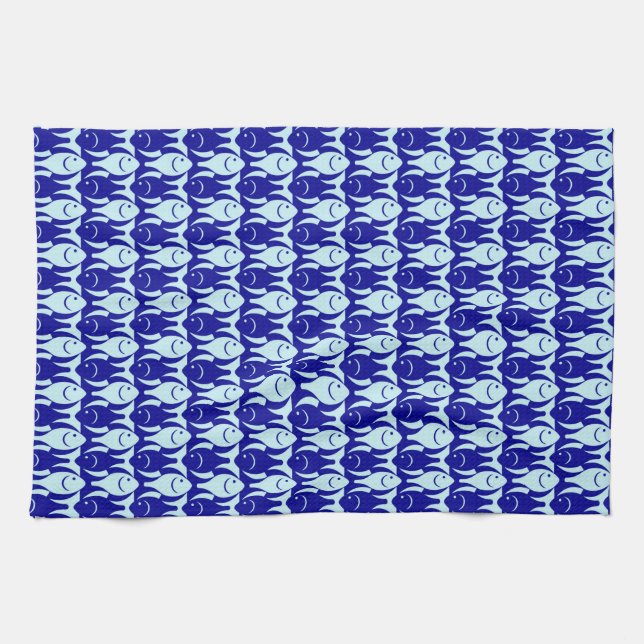 Linge De Cuisine Poisson moderne du milieu du siècle, cobalt et ble (Horizontal)