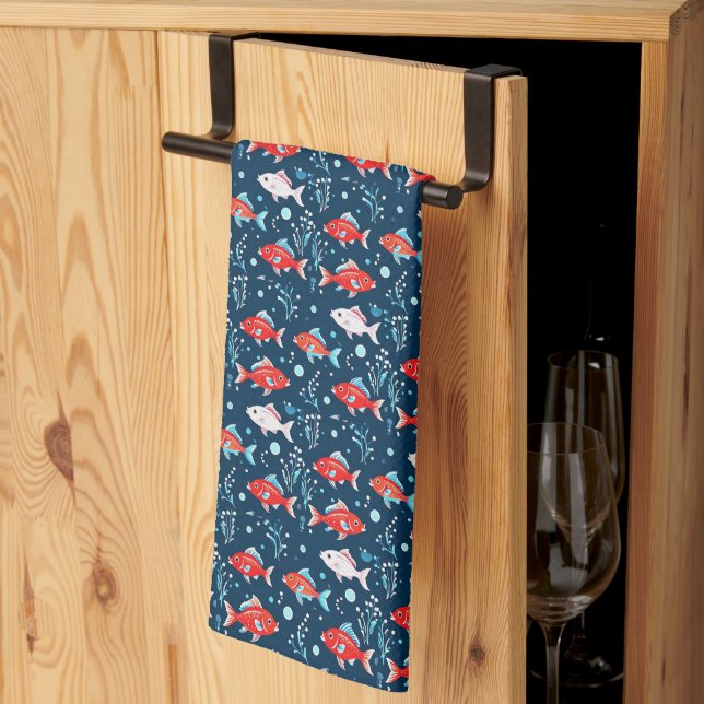 Linge De Cuisine Poisson rouge et blanc (Pliage en tiers)