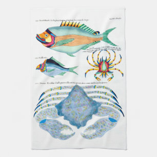 Linge De Cuisine Poissons et crabes sur papier ancien