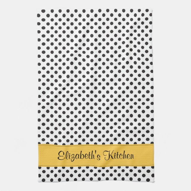 Linge De Cuisine Polka blanc noir personnalisé point jaune (Vertical)
