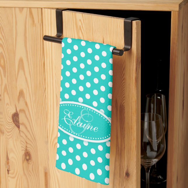Linge De Cuisine Polka point motif aqua nom personnalisé monogramme (Pliage en tiers)