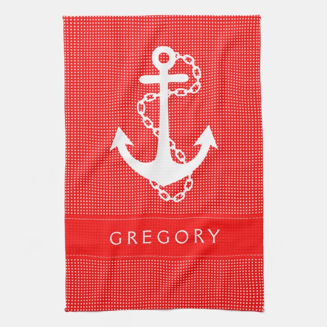 Linge De Cuisine Polkadot blanc et rouge avec Ancre nautique 2 (Vertical)