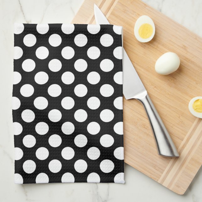 Linge De Cuisine Polkadot blanc sur Arrière - plan noir 2 (Quart Plié)