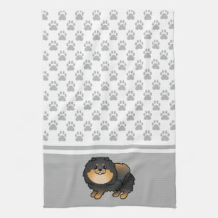 Linge De Cuisine Pomeranian noir et feu avec motif de pattes grises