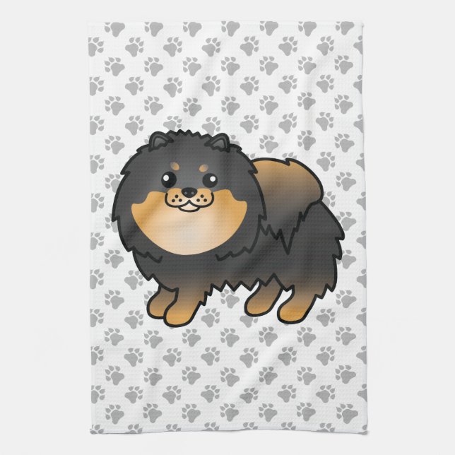 Linge De Cuisine Poméranie Noire Et Tan Cute Cartoon Chien Et Pâtes (Vertical)