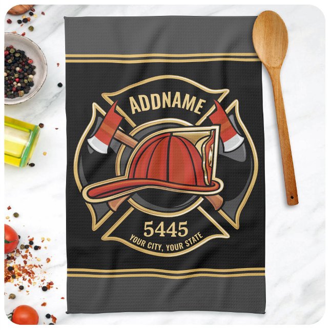 Linge De Cuisine Pompier AJOUTER LE NOM Insigne du service de pompi (Créateur téléchargé)