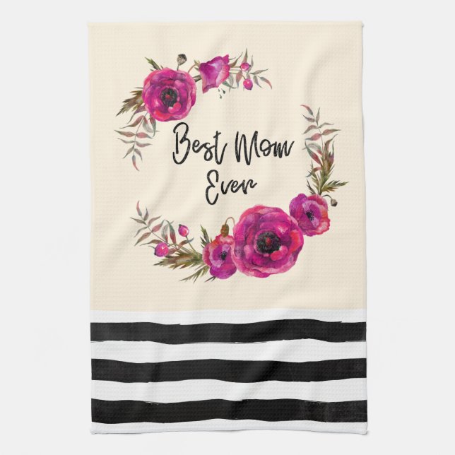 Linge De Cuisine Poppies florales rose Fuchsia Wreath Meilleure mam (Vertical)