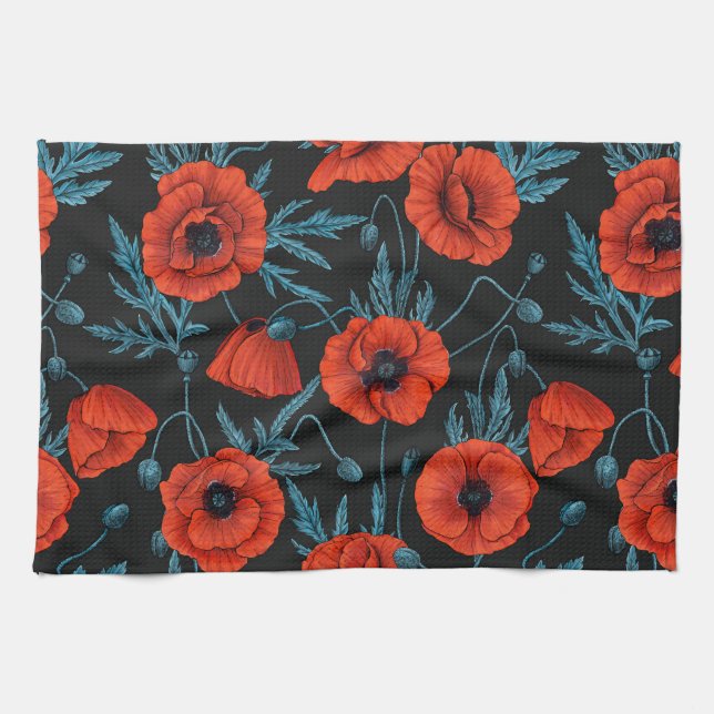 Linge De Cuisine Poppies, rouge et bleu sur noir (Horizontal)