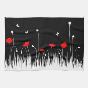 Linge De Cuisine Poppies rouges minimalistes Noir et Blanc Meadow B
