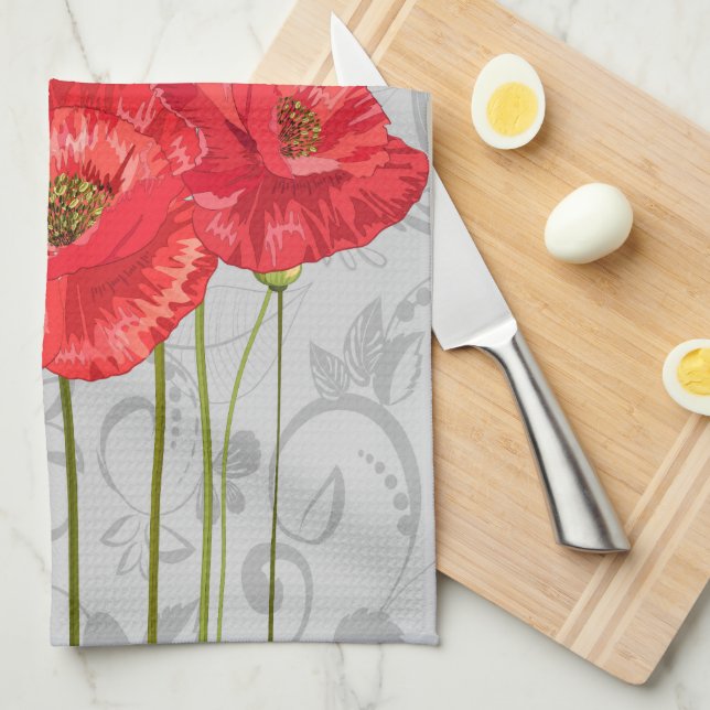 Linge De Cuisine Poppies rouges sur floral gris blanc (Quart Plié)