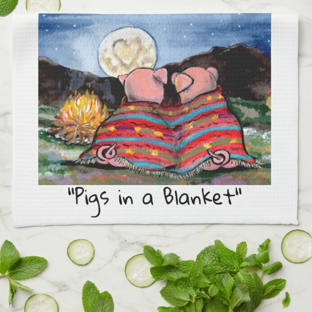 Linge De Cuisine Porcs dans une couverture Romantique Lune de nuit  (Plié)