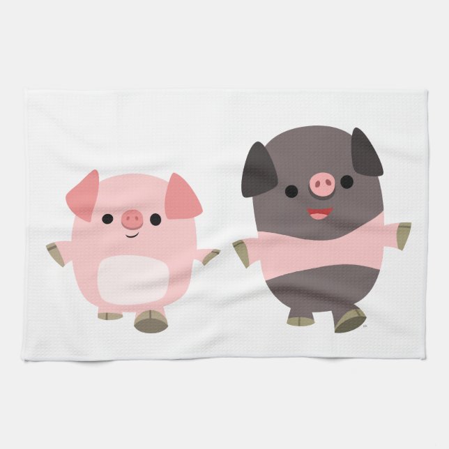 Linge De Cuisine Porcs en caricature mignons sur une promenade Serv (Horizontal)