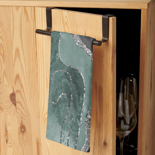 Linge De Cuisine Porte en marbre noir foncé Glam en argent #1 (Pliage en tiers)