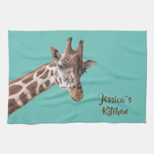 Linge De Cuisine Portrait de Giraffe sur nom personnalisé Turquois