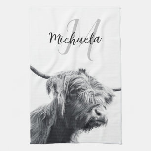 Linge De Cuisine Portrait de vache Highland premier monogramme noir