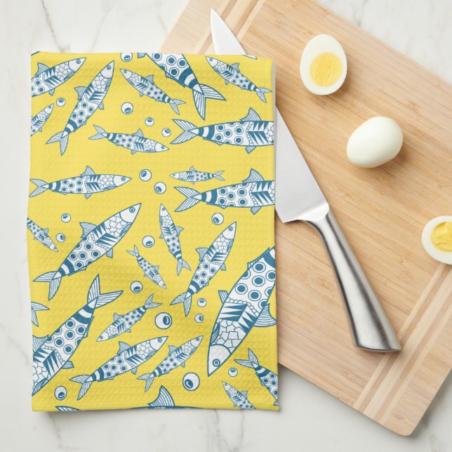 Linge De Cuisine Portugais Lisbonne Sardines Motif Azulejos Jaune (Quart Plié)