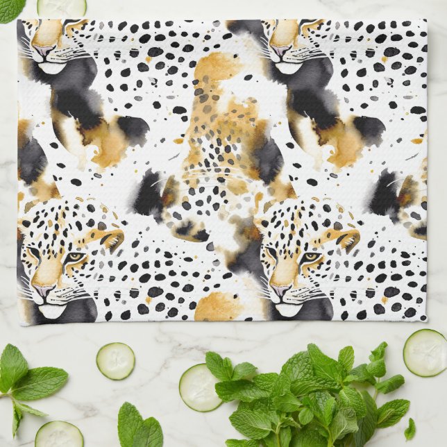 Linge De Cuisine Poster de animal Léopards d'or jaune noir (Plié)