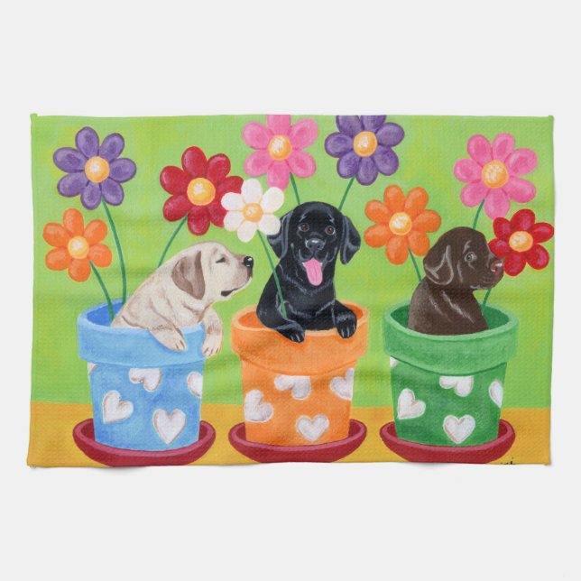 Linge De Cuisine Pot à fleurs Labrador Chiots peintures (Horizontal)