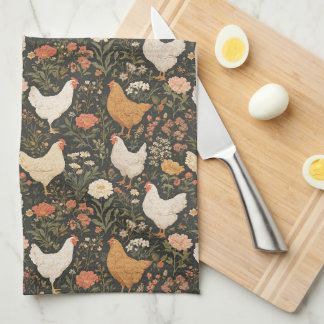 Linge De Cuisine Poulet de campagne floral sur fond noir