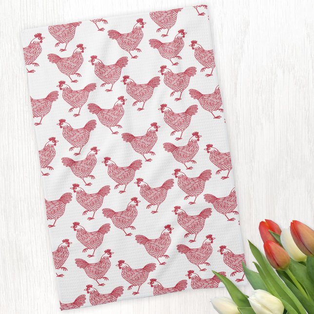 Linge De Cuisine Poulets (Chicken Hen pattern red and white kitchen towel)