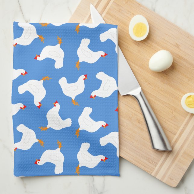 Linge De Cuisine Poulets blancs sur bleu (Quart Plié)