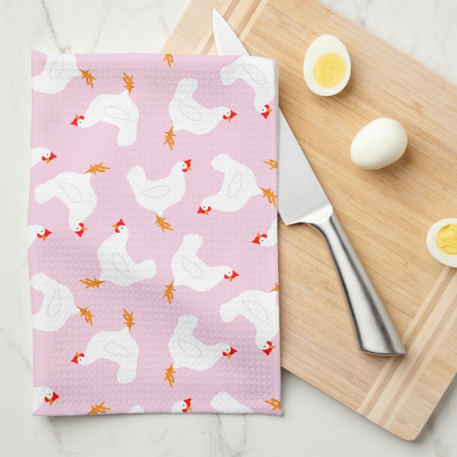 Linge De Cuisine Poulets blancs sur rose (Quart Plié)