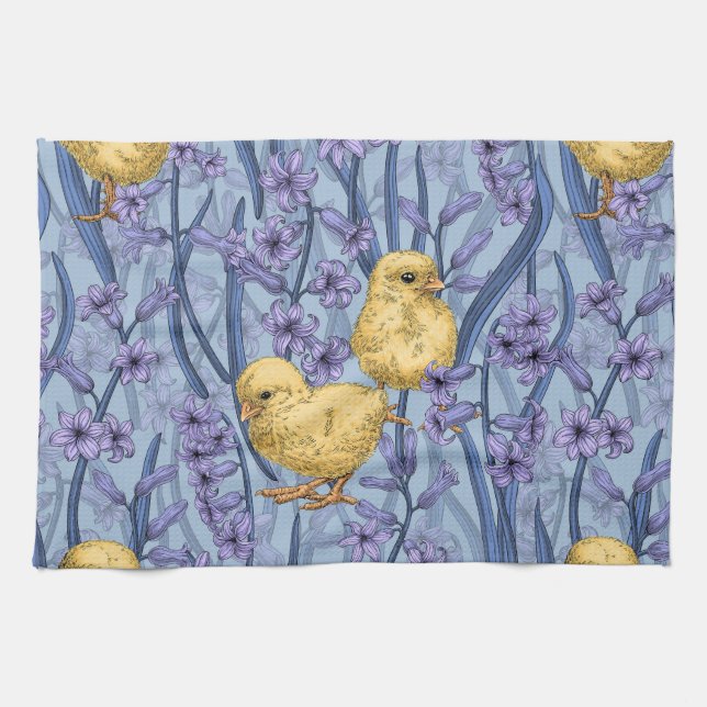 Linge De Cuisine Poulets et hyacinthes bleu ciel (Horizontal)