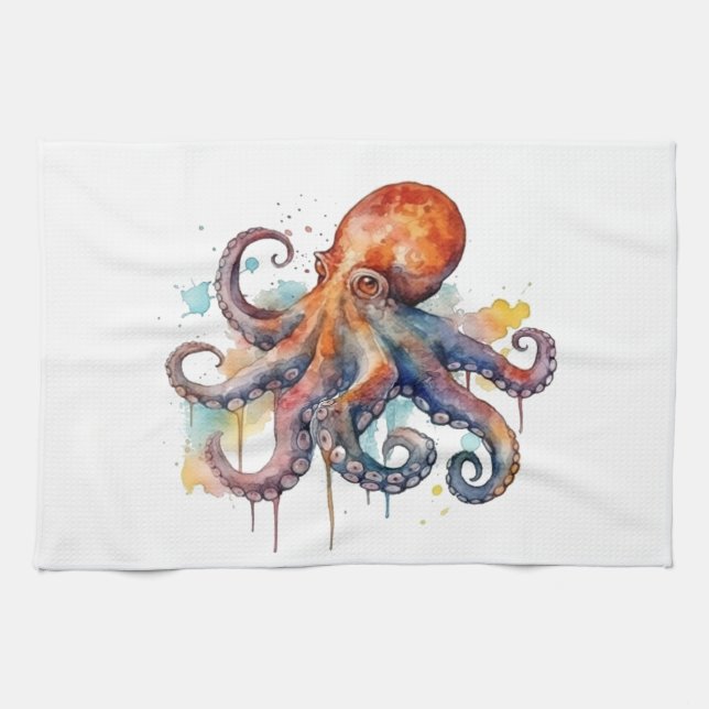 Linge De Cuisine poulpe colorée en aquarelle (Horizontal)