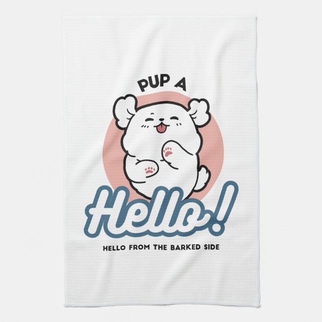 Linge De Cuisine Prends un bonjour ! - Joyeux dessin de chien blanc (Vertical)
