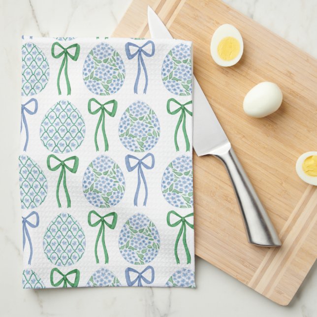 Linge De Cuisine Préppy Bleu et Vert Vaches et Oeufs de Pâques (Quart Plié)