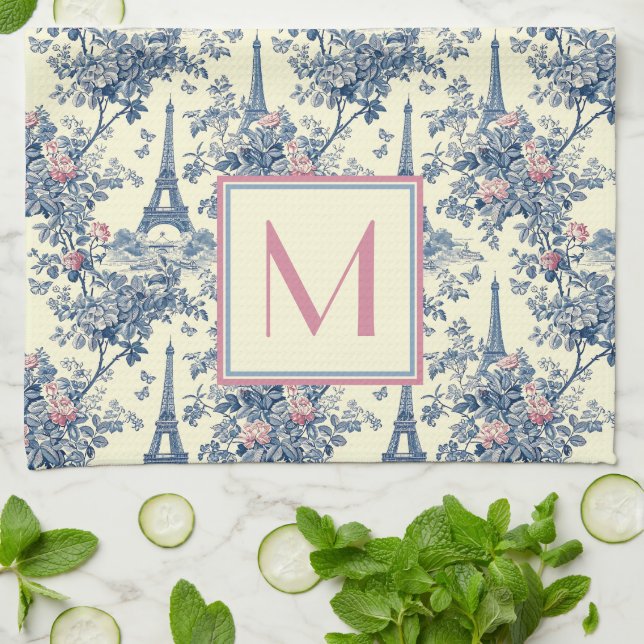 Linge De Cuisine Preppy Paris Toile rose et bleu Monogramme (Plié)