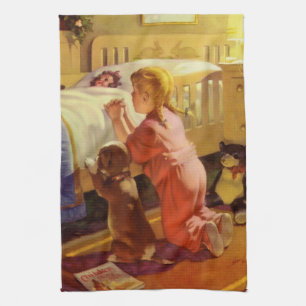 Linge De Cuisine Prières du coucher, fille avec chiot, religion vin