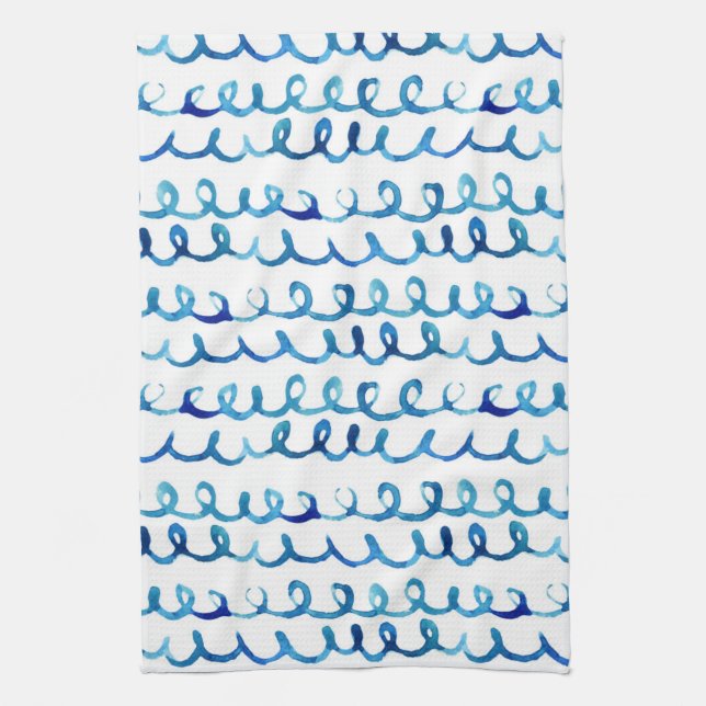 Linge De Cuisine Profil onduleux d'aquarelle bleue peinte à la main (Vertical)