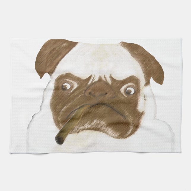 Linge De Cuisine Puggy Grumpy personnalisée avec Cigar (Horizontal)