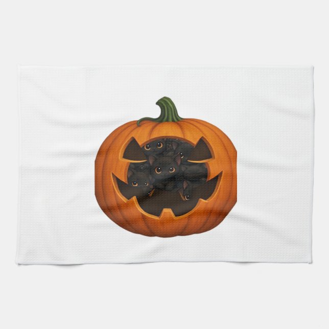 Linge De Cuisine Pumpkin Full of Kittens - Cute Black Cat Halloween (Horizontal)