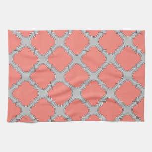 Linge De Cuisine Quatrefoil corail et gris