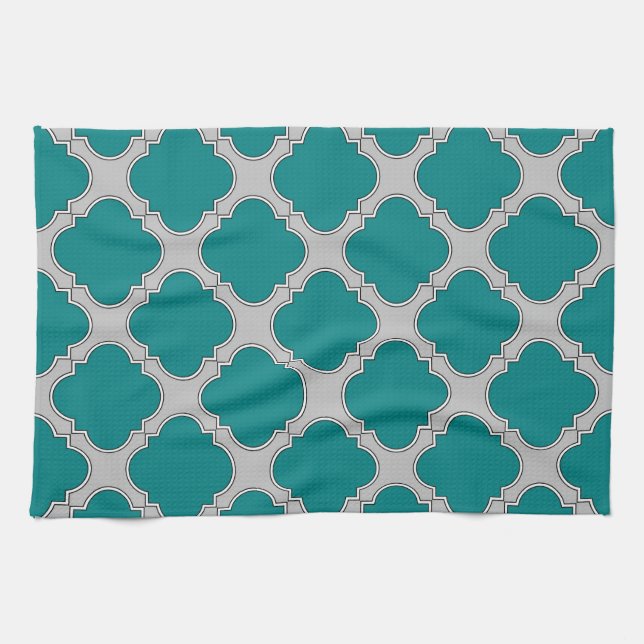 Linge De Cuisine Quatrefoil turquoise et gris (Horizontal)