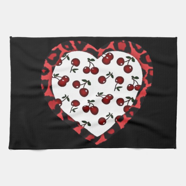 Linge De Cuisine RAB Rockabilly Cherries Coeur Empreinte de léopard (Horizontal)